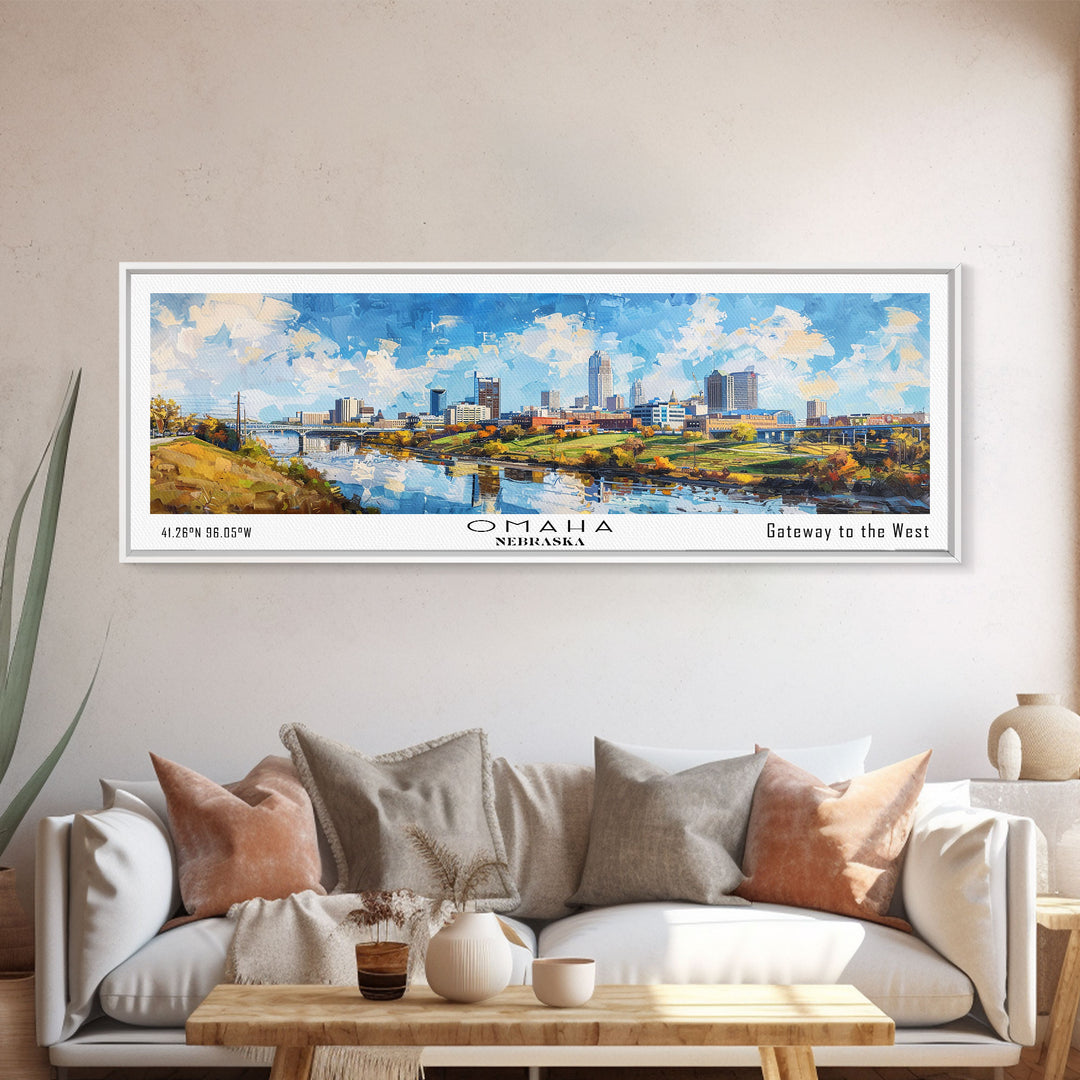 Omaha Nebraska Panoramic Framed Canvas Print, Cityscape Watercolor Painting, Travel Poster, Home Decor, Urban Gift Idea, Office Wall Art