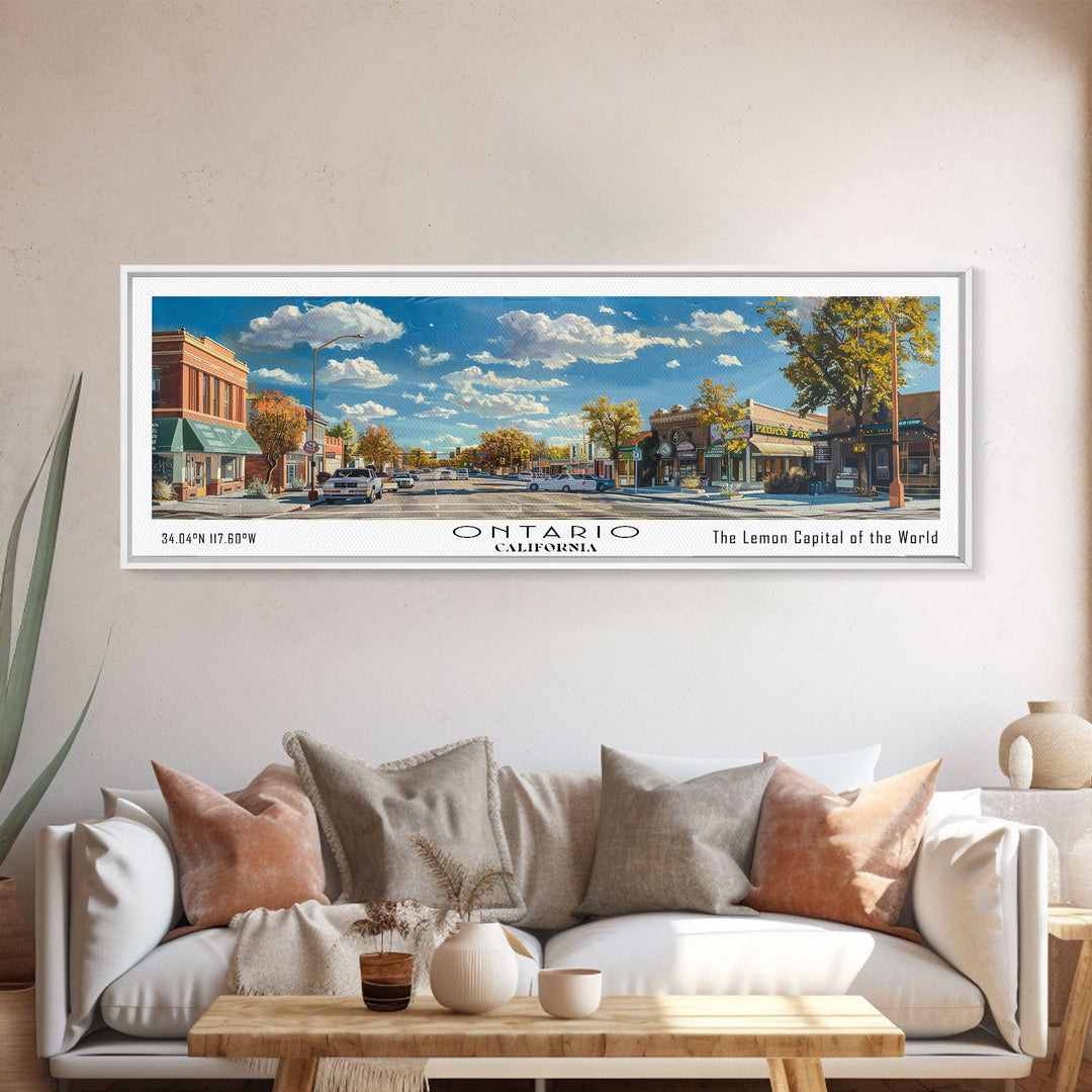 Ontario California Panoramic Painting, Framed Canvas Print, Stunning Watercolor Cityscape Art, Travel Poster, Modern Home Decor, Unique Gift