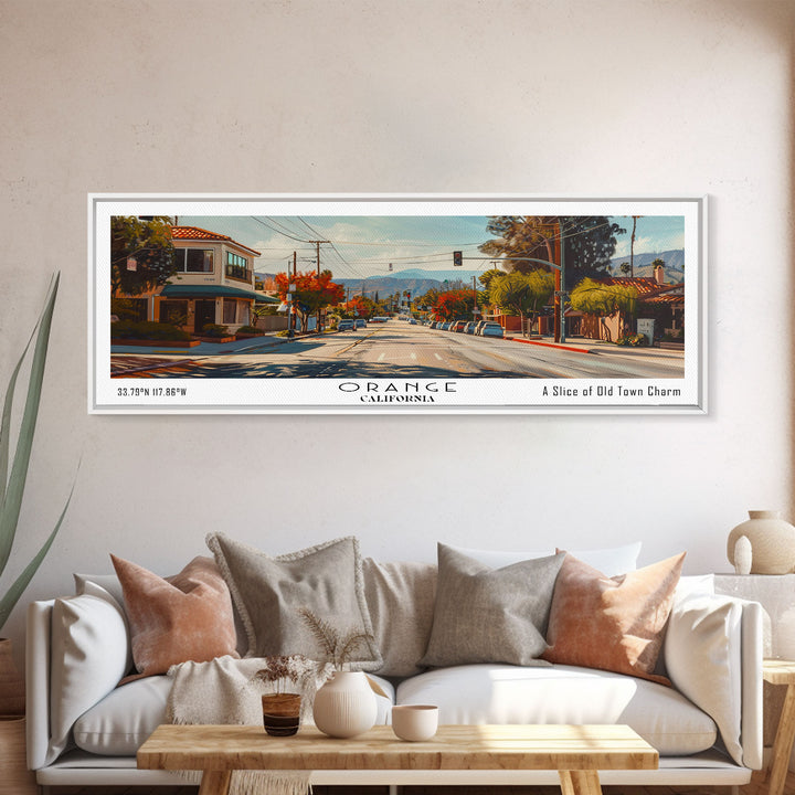 Orange California Panoramic Framed Canvas Print, Cityscape Watercolor Painting, Travel Poster for Home Decor, Urban Art, Unique Gift Idea