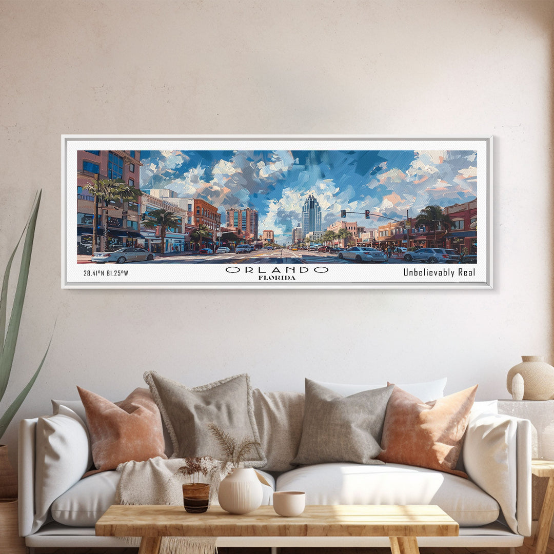 Orlando Florida Panoramic Painting, Framed Canvas Print, Beautiful Cityscape Watercolor Art, Travel Poster, Home Decor, Unique Gift Idea