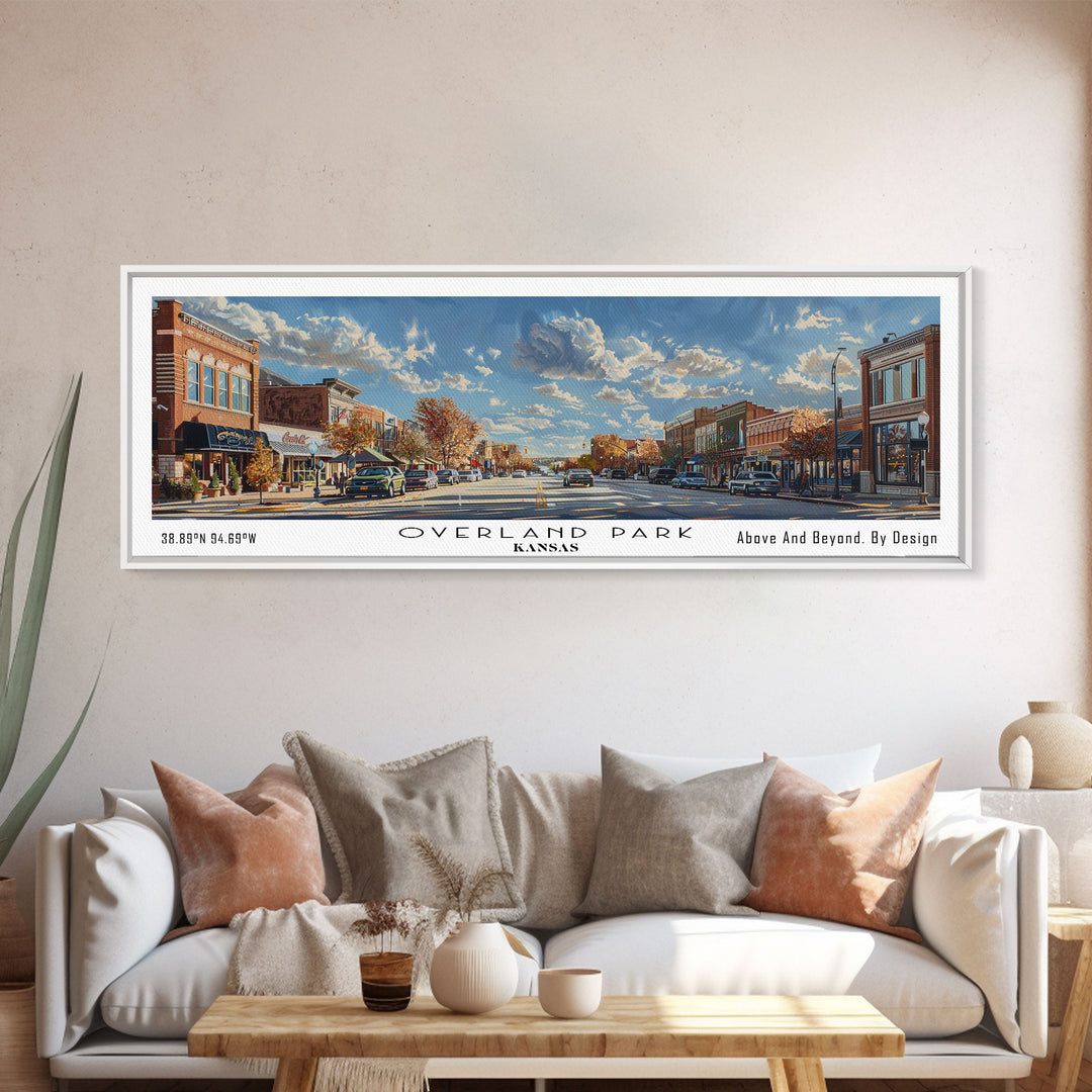 Overland Park Kansas Panoramic Framed Canvas Print, Cityscape Watercolor Painting, Travel Poster, Modern Home Decor, Urban Gift Idea