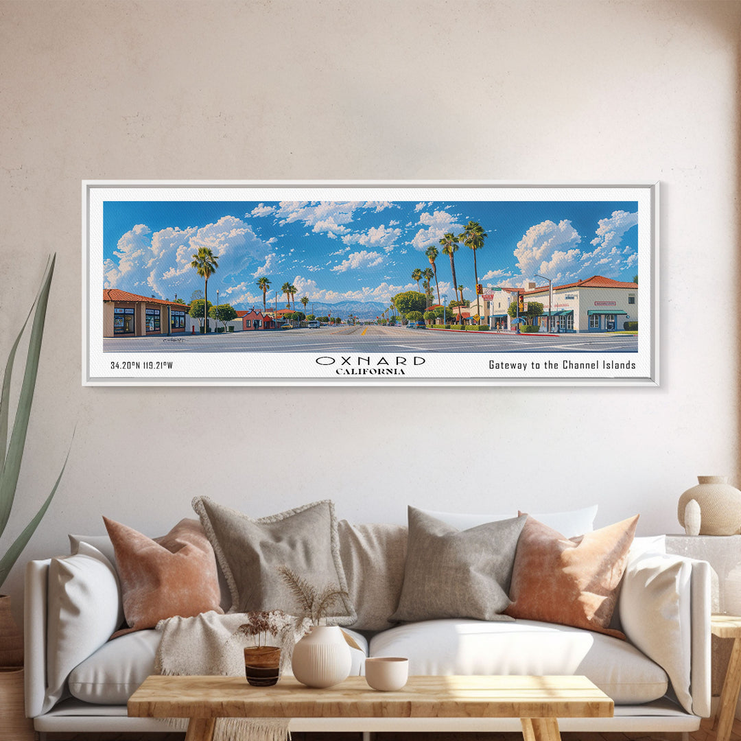 Oxnard California Panoramic Painting, Framed Canvas Print, Stunning Cityscape Watercolor Art, Travel Poster for Home Decor, Unique Gift Idea