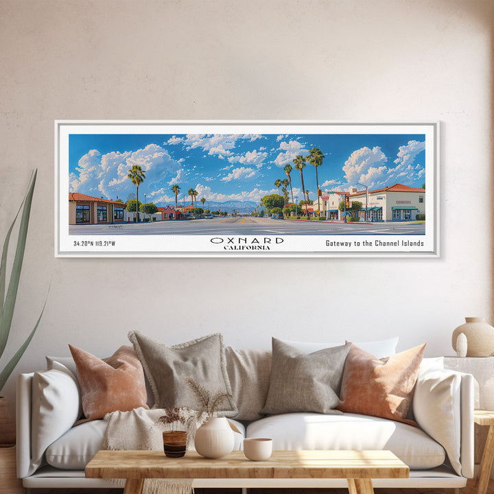 Oxnard California Panoramic Painting, Framed Canvas Print, Stunning Cityscape Watercolor Art, Travel Poster for Home Decor, Unique Gift Idea