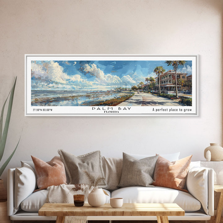 Palm Bay Florida Panoramic Framed Canvas Print, Watercolor Cityscape Art, Travel Poster, Home Decor, Urban Gift Idea, Living Room Art