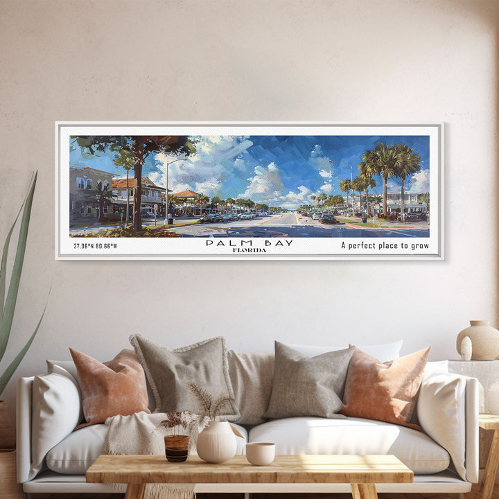 Palm Bay Florida Panoramic Painting, Framed Canvas Print, Beautiful Cityscape Watercolor Art, Travel Poster, Modern Home Decor, Unique Gift