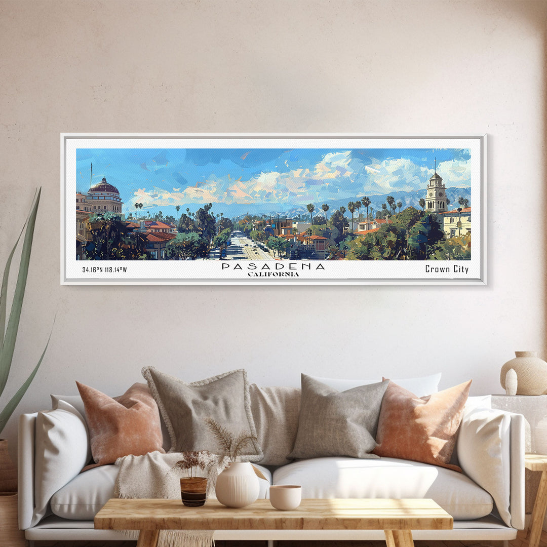 Pasadena California Panoramic Painting, Framed Canvas Print, Stunning Cityscape Watercolor Art, Travel Poster, Modern Home Decor, Unique Gift