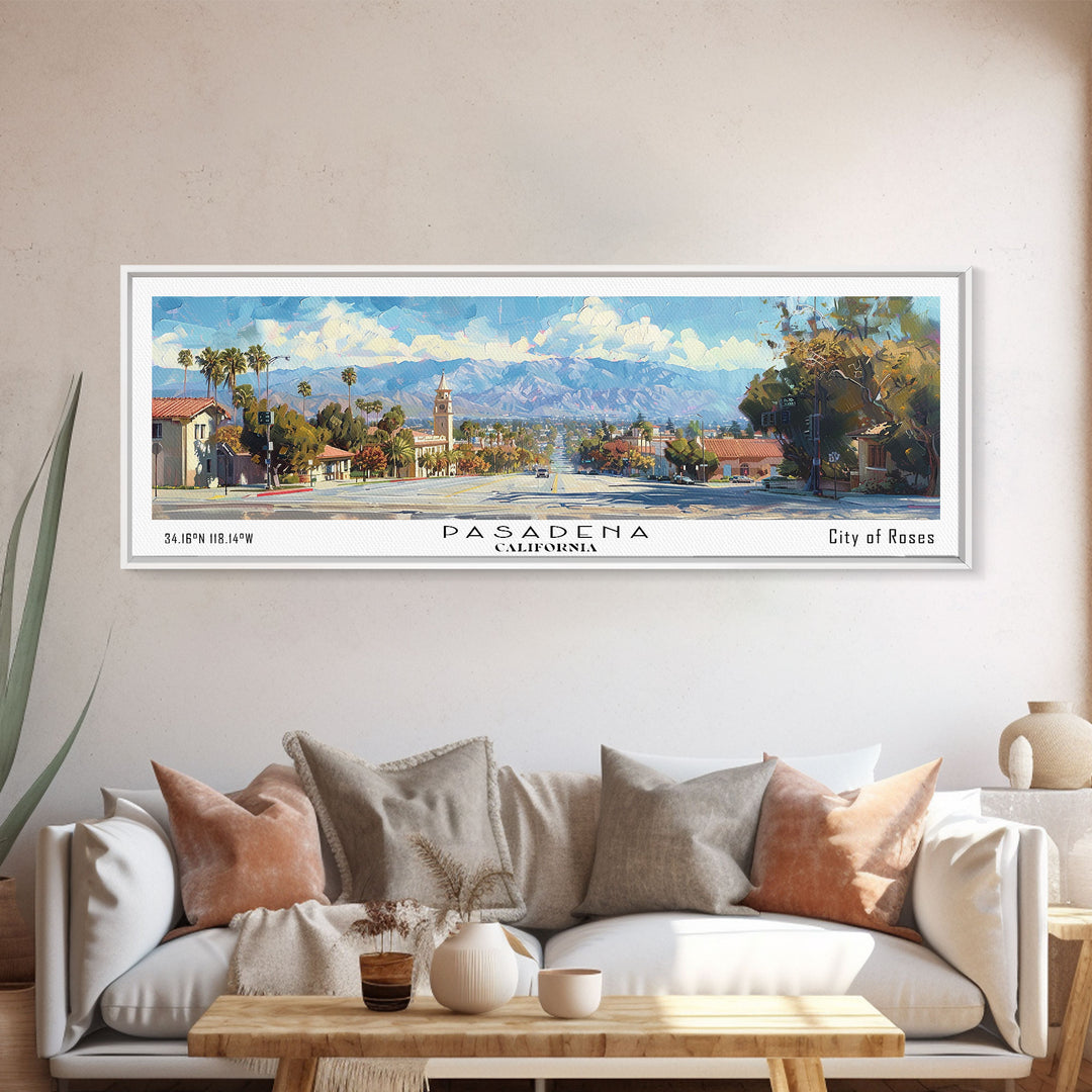 Pasadena California Panoramic Framed Canvas Print, Cityscape Watercolor Painting, Travel Poster, Home Decor, Urban Gift Idea, Office Wall Art