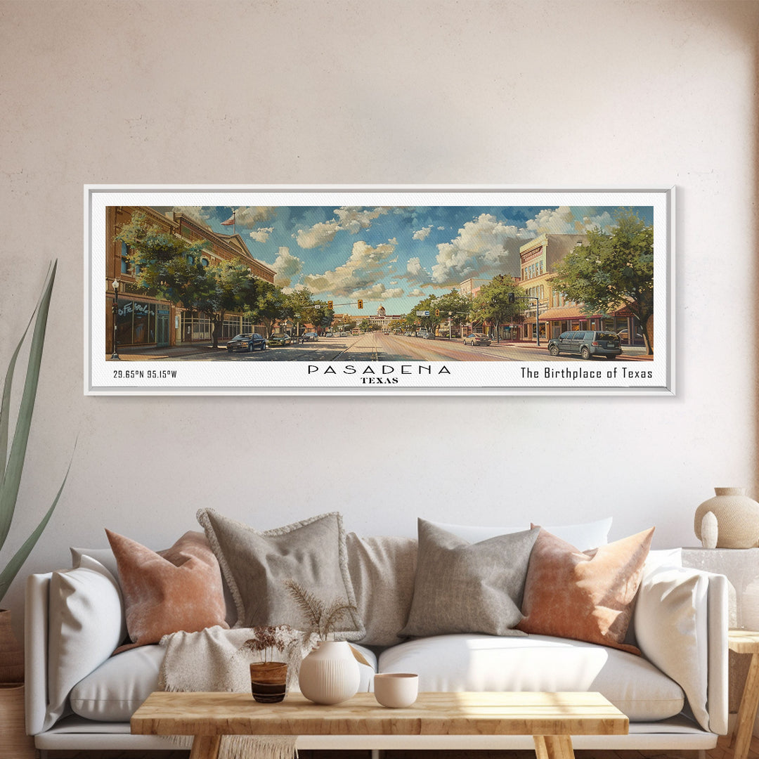 Pasadena Texas Panoramic Painting, Framed Canvas Print, Beautiful Cityscape Watercolor Art, Travel Poster for Home Decor, Unique Gift Idea