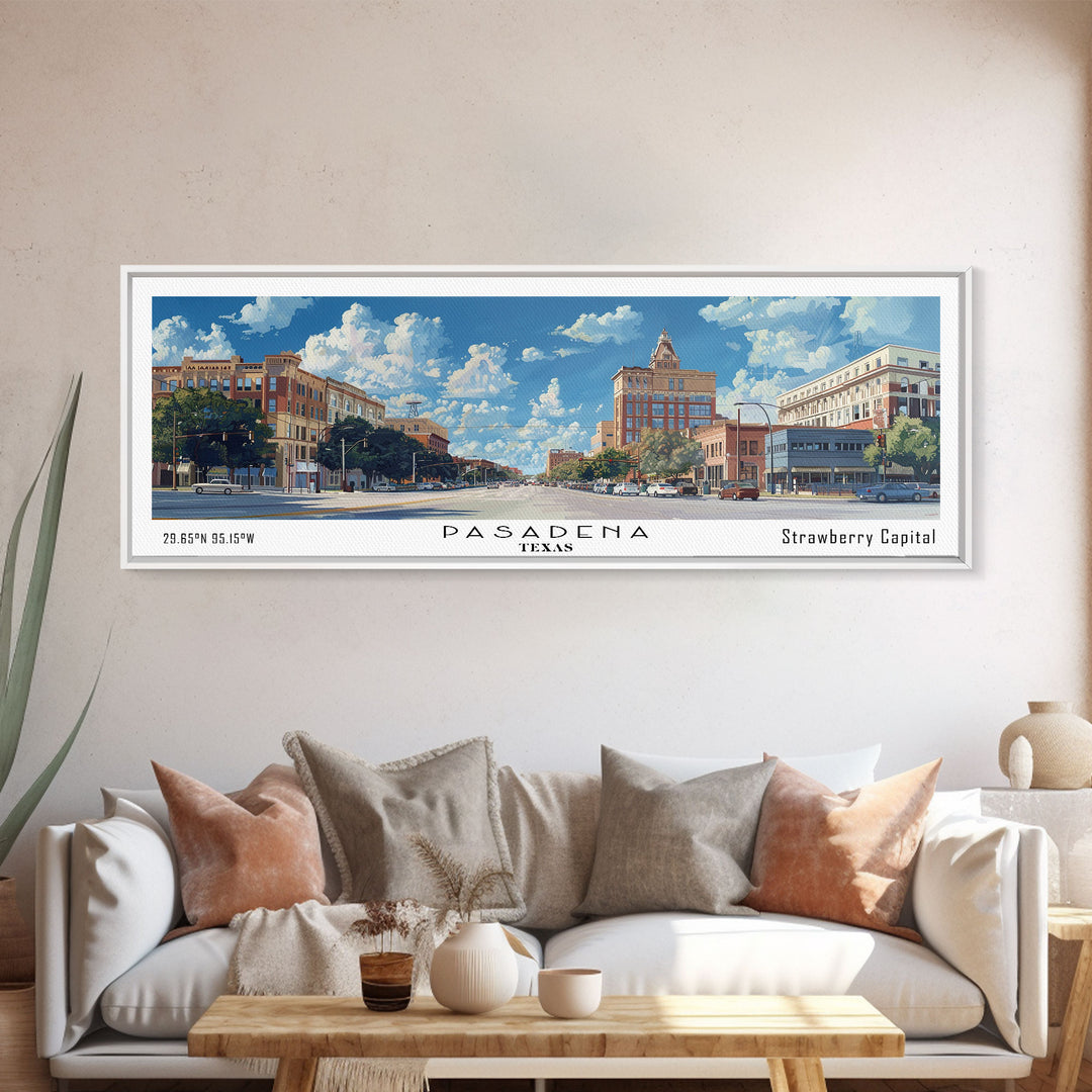 Pasadena Texas Panoramic Framed Canvas Print, Cityscape Watercolor Painting, Travel Poster, Modern Home Decor, Urban Gift Idea