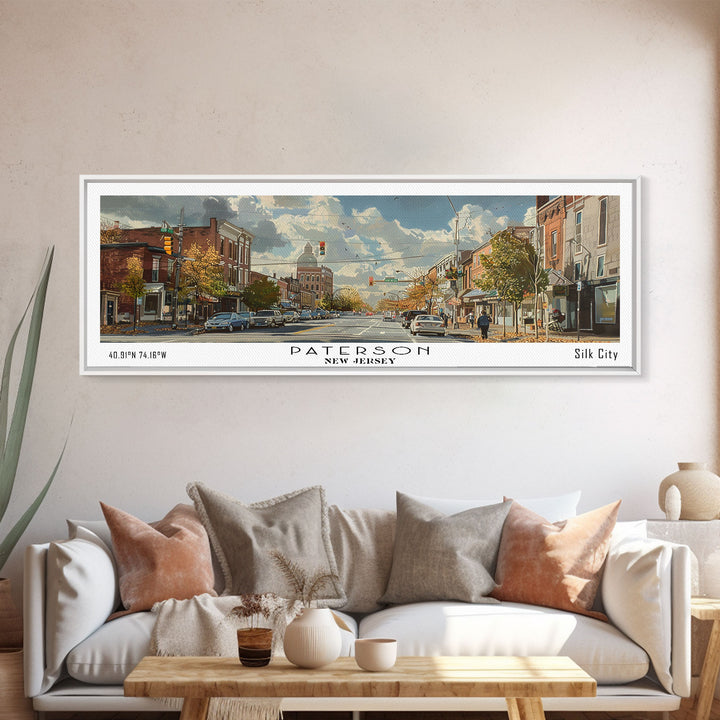 Paterson New Jersey Panoramic Painting, Framed Canvas Print, Stunning Watercolor Cityscape Art, Travel Poster for Home Decor, Unique Gift