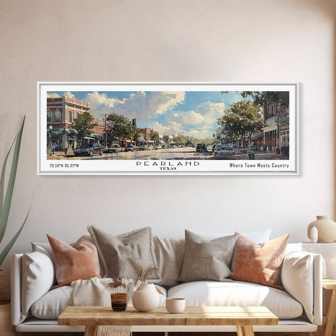 Pearland Texas Panoramic Framed Canvas Print, Cityscape Watercolor Painting, Travel Poster for Home Decor, Urban Art, Unique Gift Idea