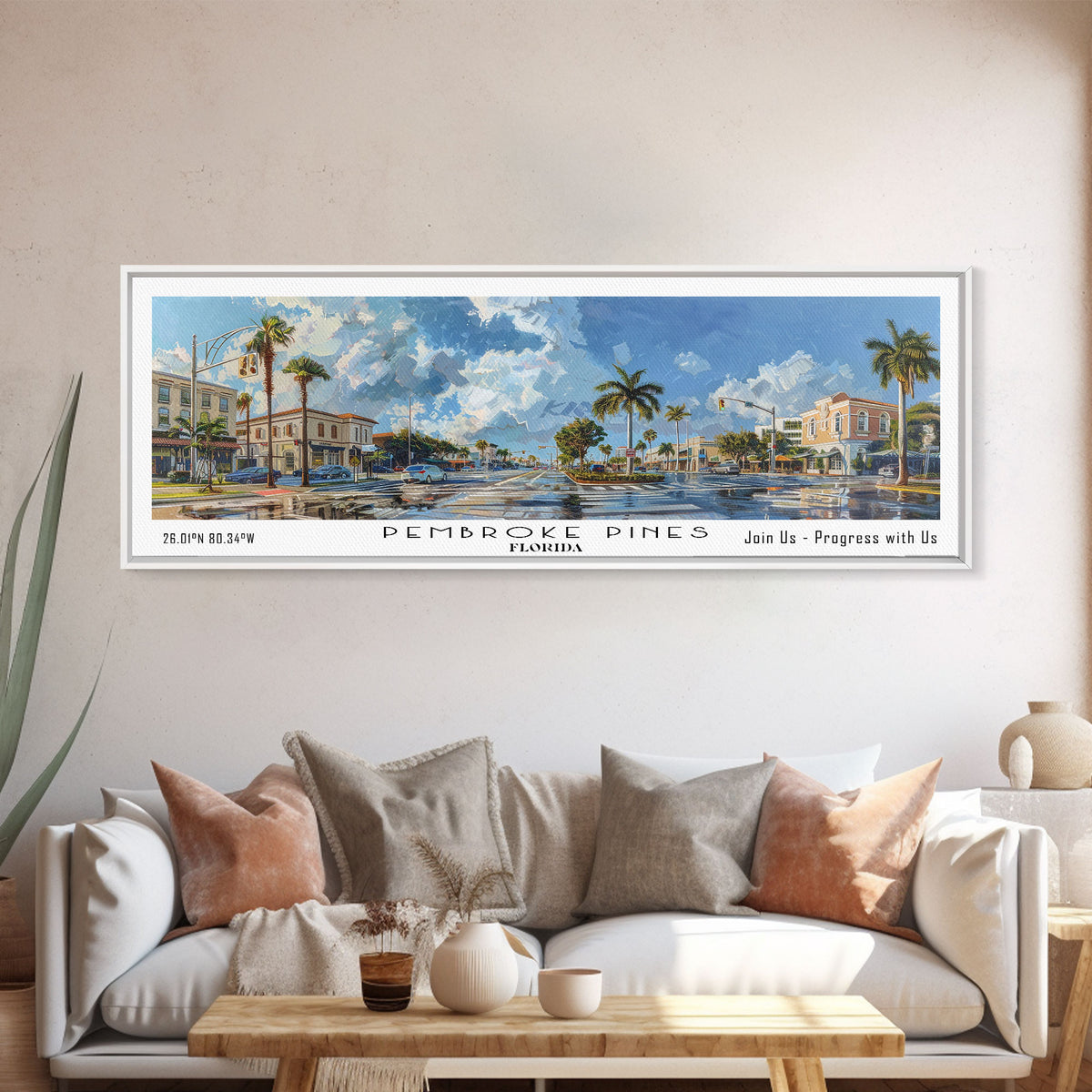 Pembroke Pines Florida Panoramic Painting, Framed Canvas Print, Beautiful Cityscape Watercolor Art, Travel Poster, Modern Home Decor