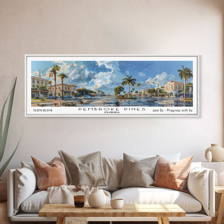 Pembroke Pines Florida Panoramic Painting, Framed Canvas Print, Beautiful Cityscape Watercolor Art, Travel Poster, Modern Home Decor