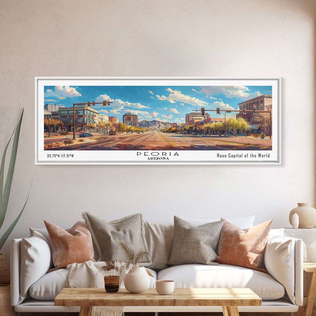 Peoria Arizona Panoramic Framed Canvas Print, Watercolor Cityscape Art, Travel Poster, Home Decor, Urban Gift Idea, Living Room Art