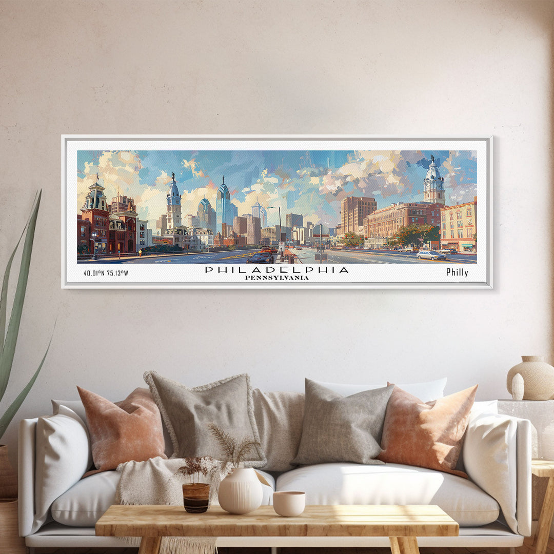 Philadelphia Pennsylvania Panoramic Painting, Framed Canvas Print, Stunning Cityscape Watercolor Art, Travel Poster, Modern Home Decor