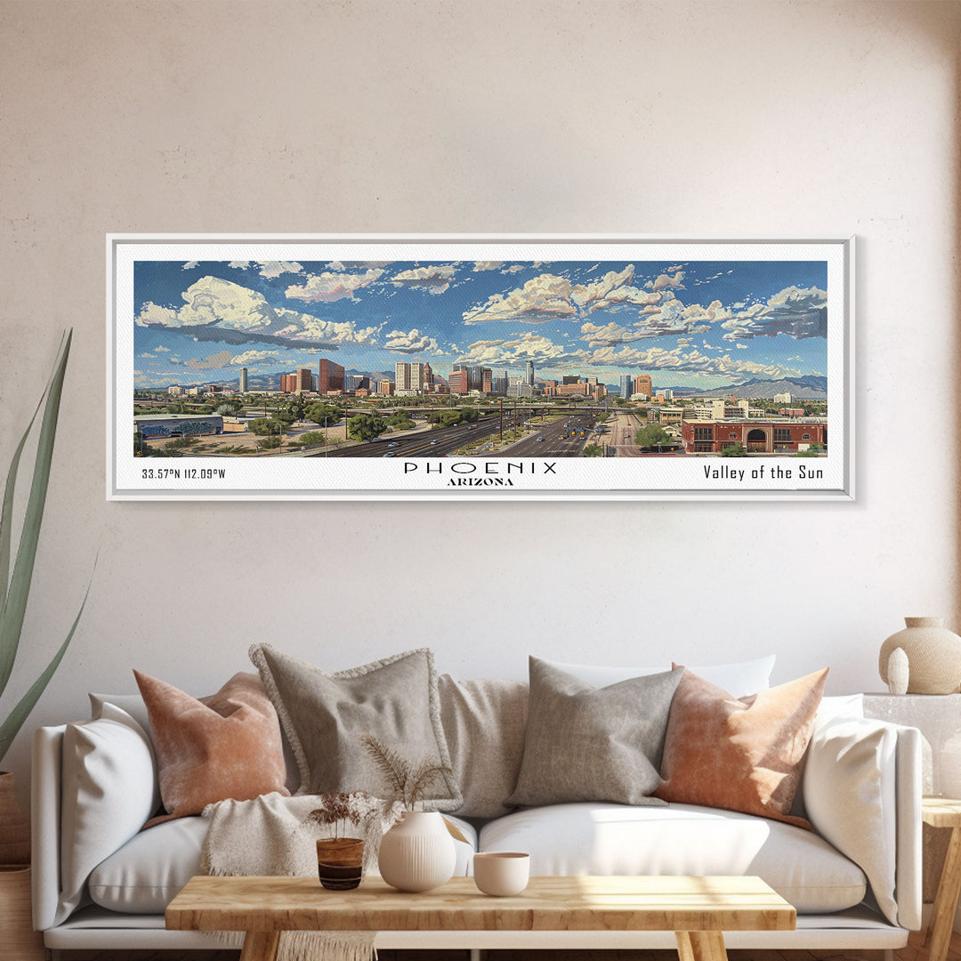Phoenix Arizona Panoramic Framed Canvas Print, Cityscape Watercolor Painting, Travel Poster for Home Decor, Urban Art, Unique Gift Idea