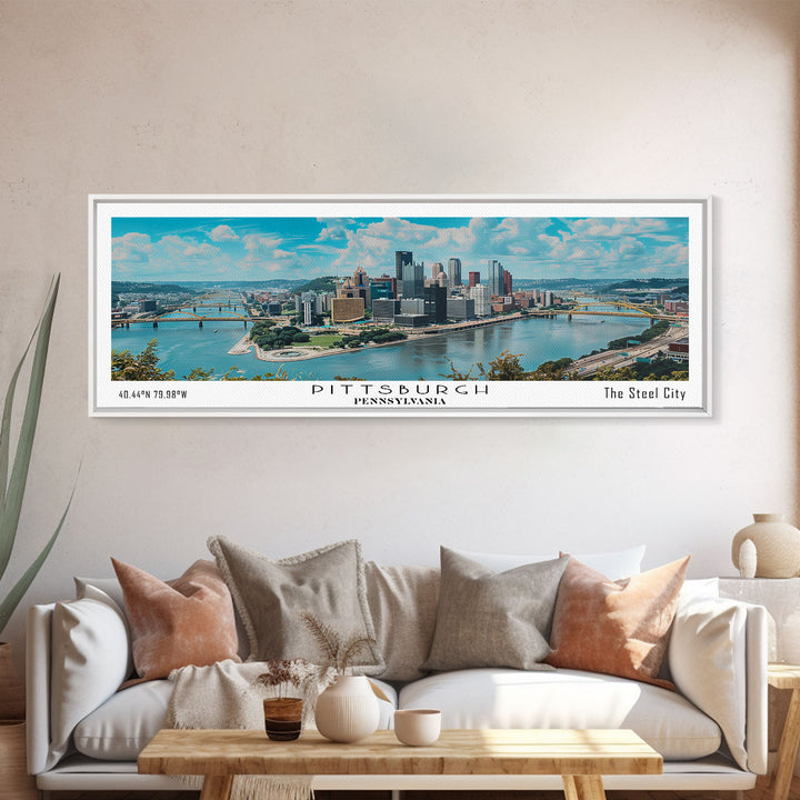 Pittsburgh Pennsylvania Panoramic Painting, Framed Canvas Print, Beautiful Cityscape Watercolor Art, Travel Poster, Modern Home Decor