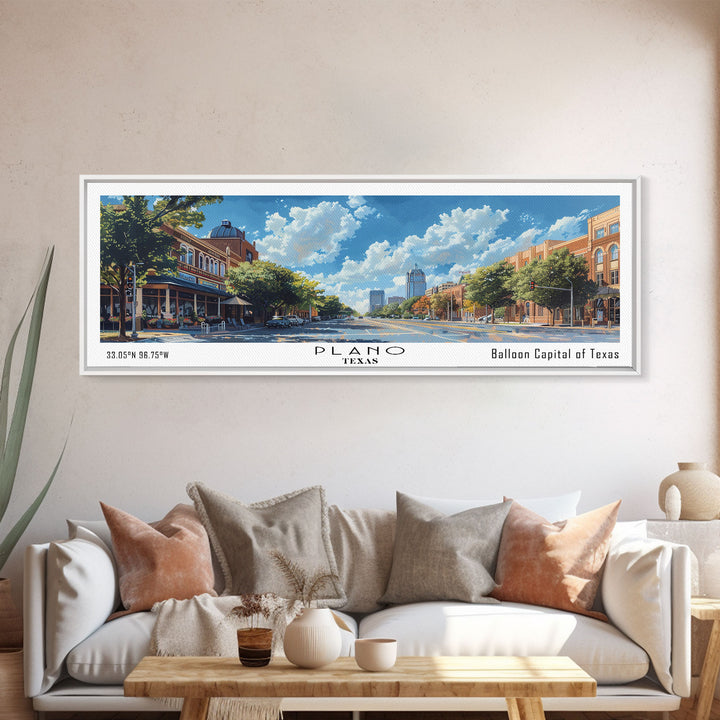 Plano Texas Panoramic Framed Canvas Print, Cityscape Watercolor Painting, Travel Poster for Home Decor, Urban Art, Unique Gift Idea