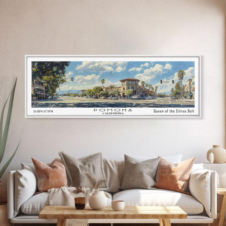 Pomona California Panoramic Painting, Framed Canvas Print, Stunning Cityscape Watercolor Art, Travel Poster, Modern Home Decor, Unique Gift
