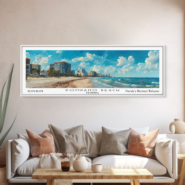 Pompano Beach Florida Panoramic Framed Canvas Print, Watercolor Cityscape Art, Travel Poster, Home Decor, Urban Gift Idea, Living Room Art