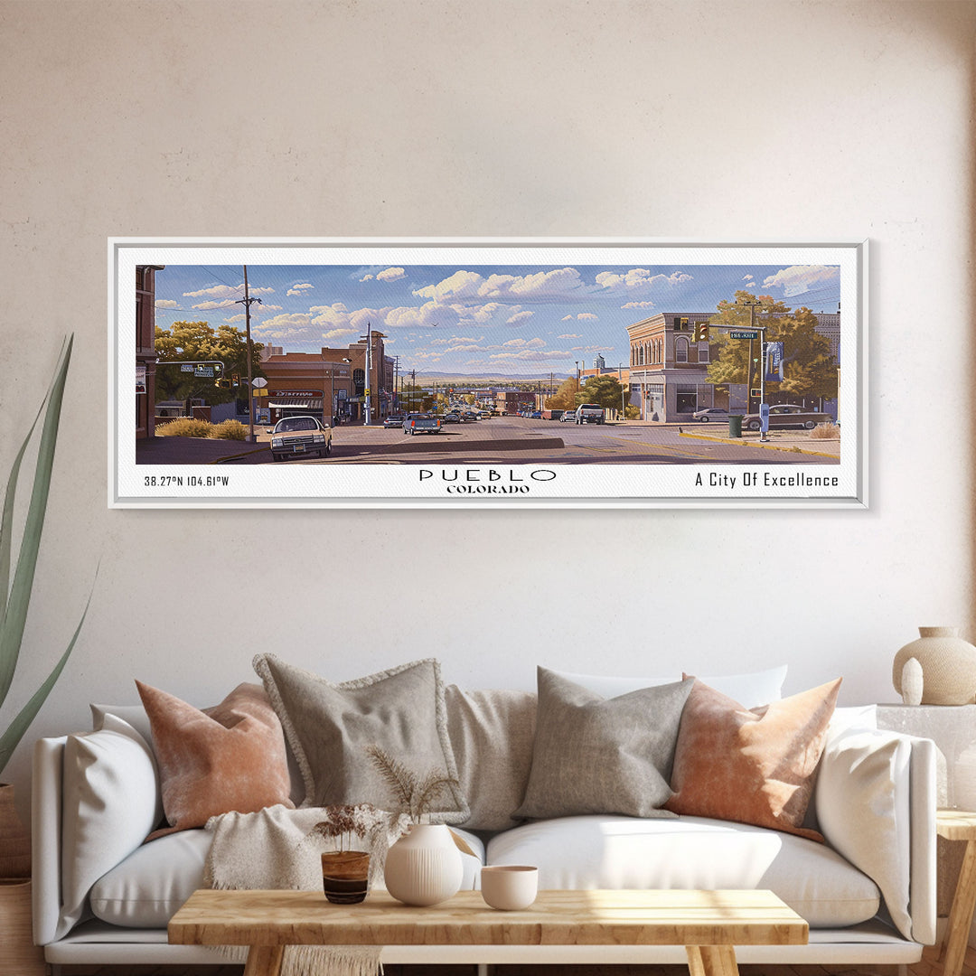 Pueblo Colorado Panoramic Print, Trendy Framed Canvas Print, City Travel Poster, Home Wall Art, Living Room Decor, Artistic Gift