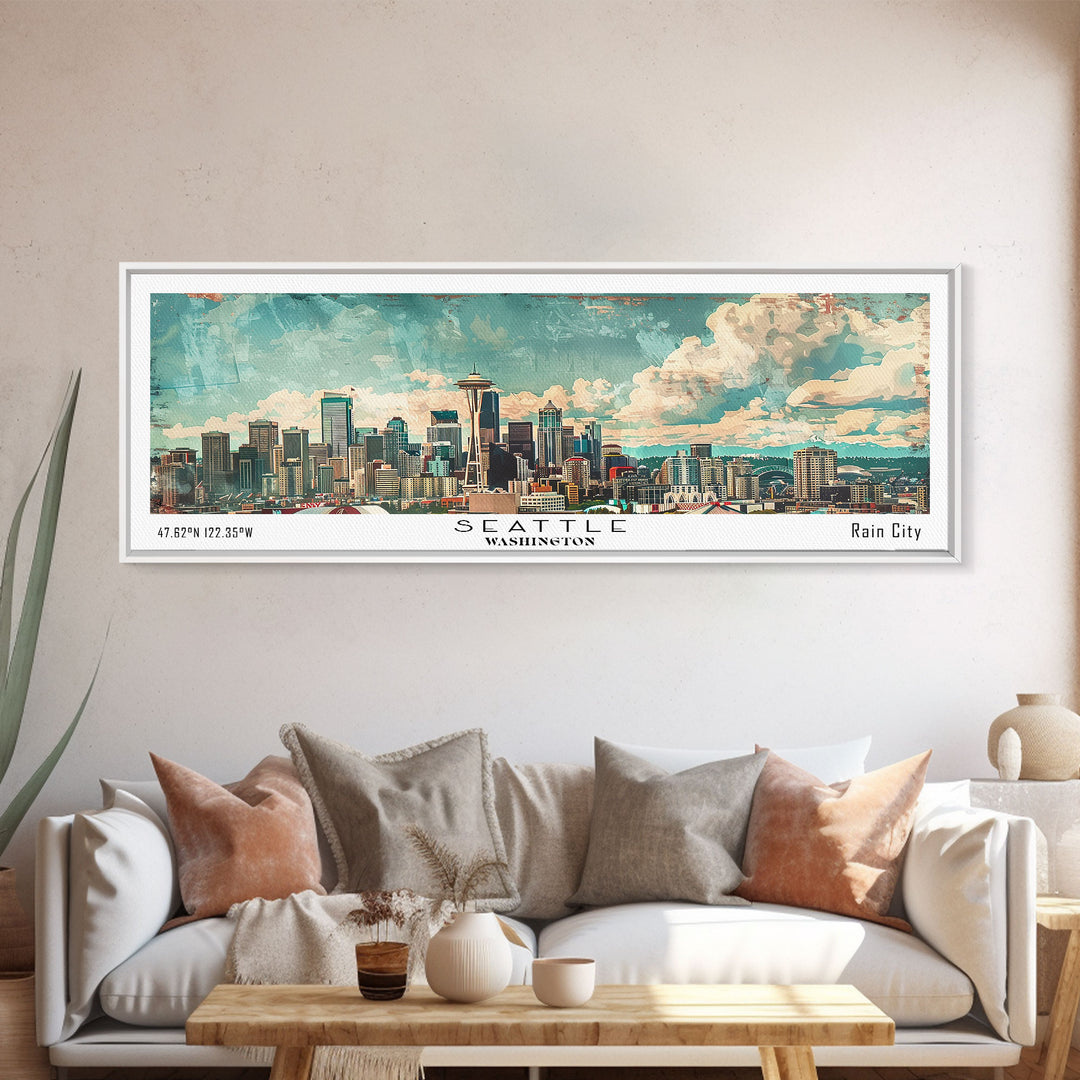 Seattle Washington Travel Poster, Framed Canvas Print, Wall Art, Home Decor, Office Decor, Living Room Art, Travel Gift, Vintage Style