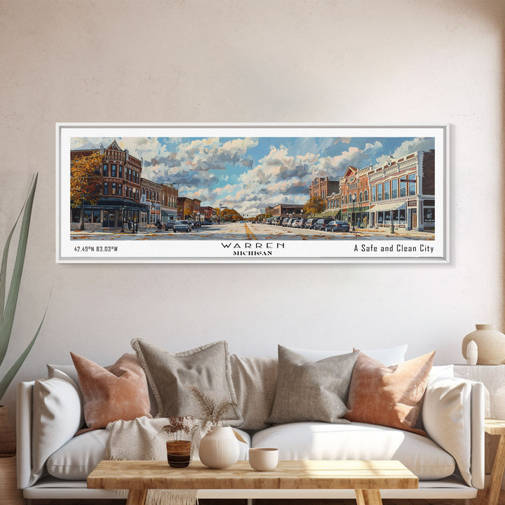 Warren Michigan Panoramic Framed Canvas Print, Vintage Travel Poster, Unique Wall Art, Artistic Home Decor, Office Gift Idea