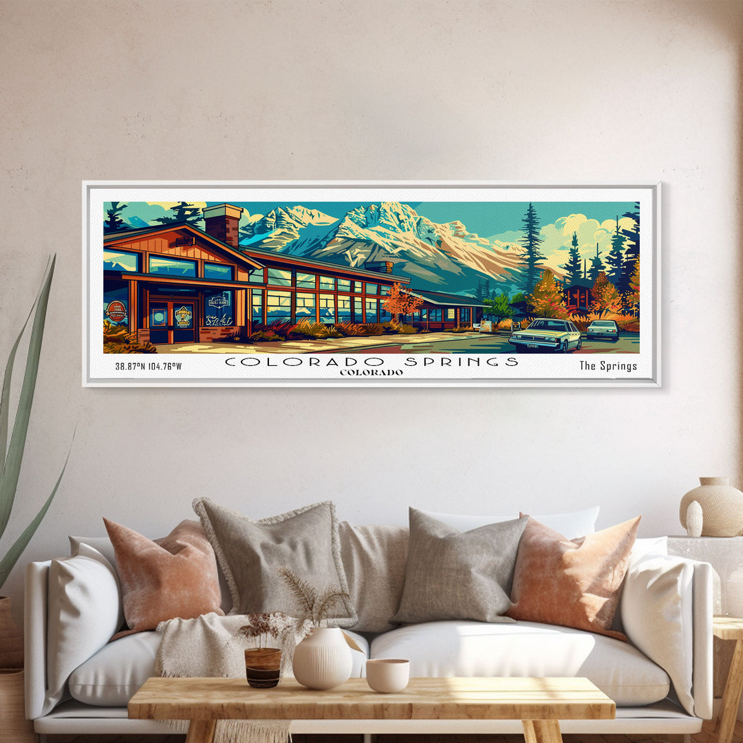 Colorado Springs Colorado Panoramic Travel Poster Framed Canvas Print, Mid Century Modern Art, Pop Art Style, Wall Art Decor, Home Decoration