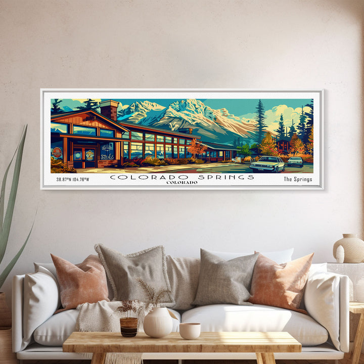 Colorado Springs Colorado Panoramic Travel Poster Framed Canvas Print, Mid Century Modern Art, Pop Art Style, Wall Art Decor, Home Decoration