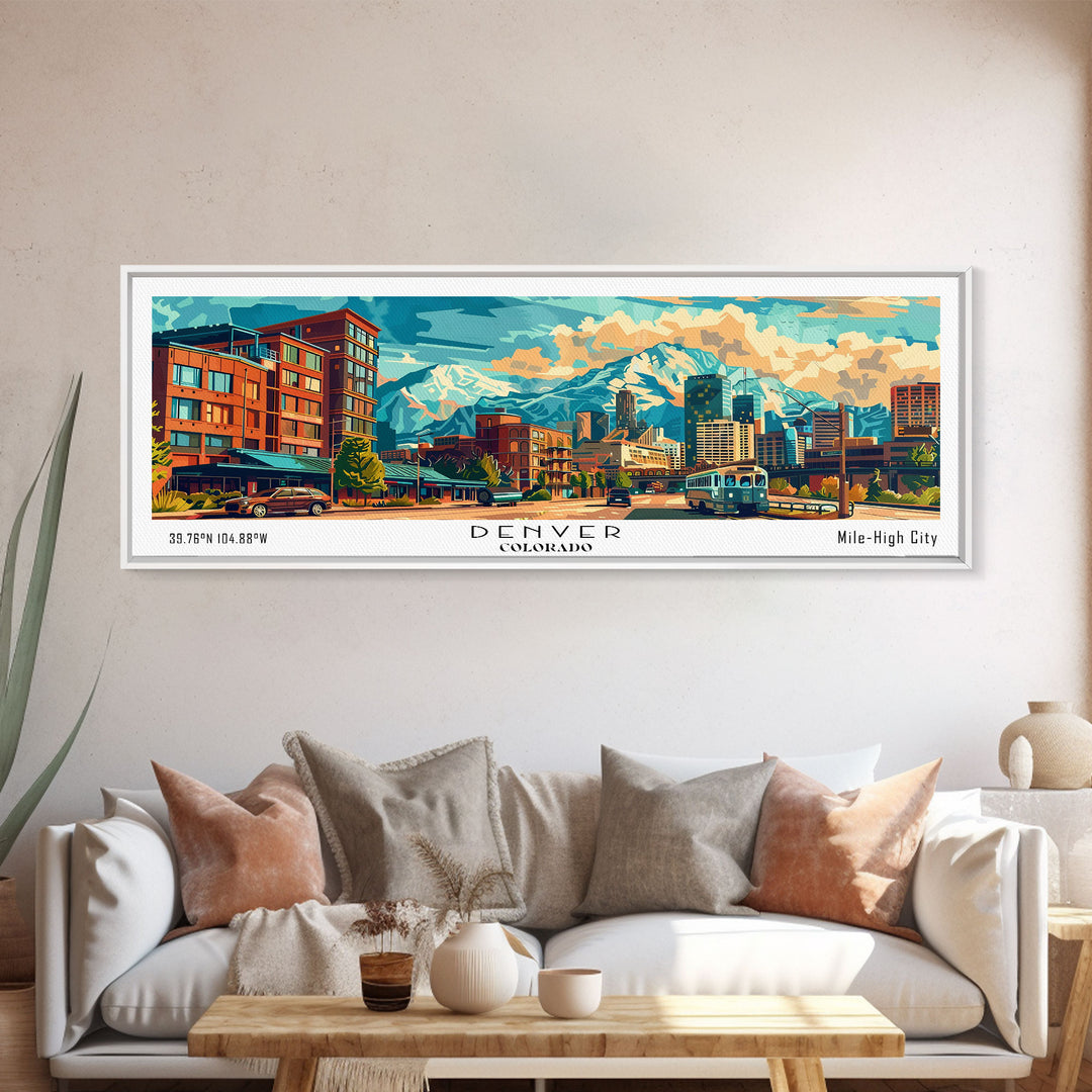 Denver Colorado Panoramic Painting Framed Canvas Print, Mid Century Modern Art, Pop Art Style, Travel Poster, Wall Art Decor, Retro Style