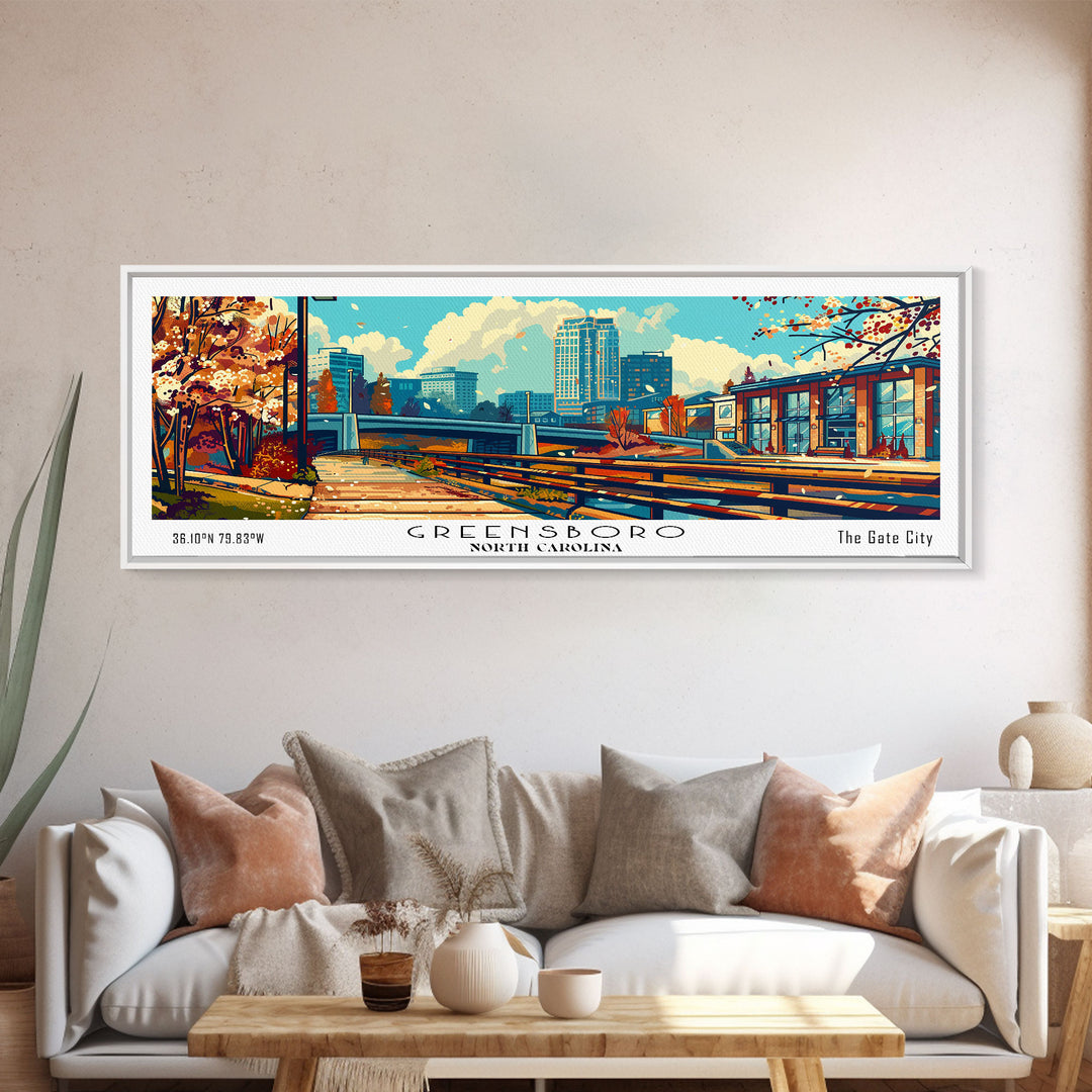Greensboro North Carolina Panoramic Travel Poster Framed Canvas Print, Mid Century Modern Art, Pop Art Style, Wall Art Decor, Home Decoration
