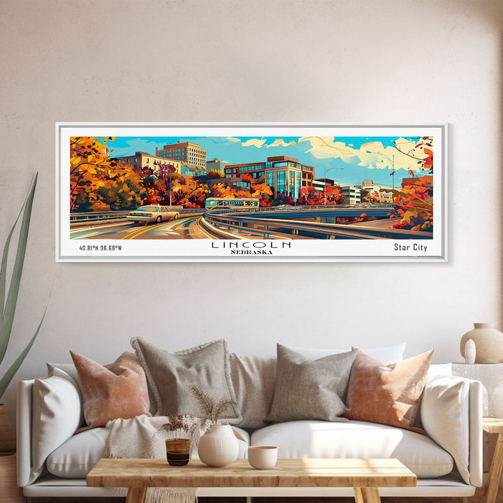 Lincoln Nebraska Panoramic Wall Art, Mid Century Modern Framed Canvas Print, Retro Pop Art Travel Poster, Home Decor