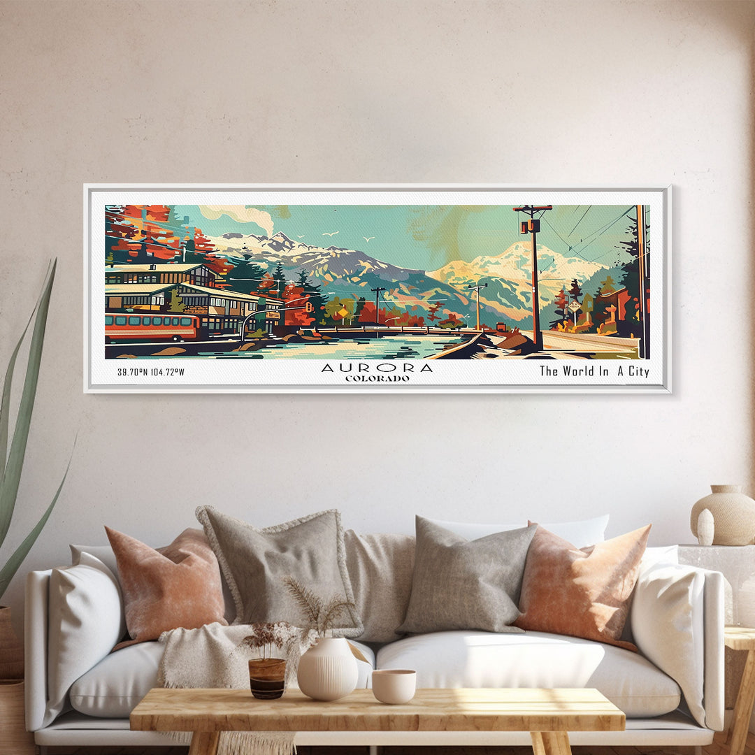 Aurora Colorado Panoramic Wall Art, Retro Pop Art Framed Canvas Print, Mid Century Modern Travel Poster, Living Room Decor, Wall Hanging, Office Art
