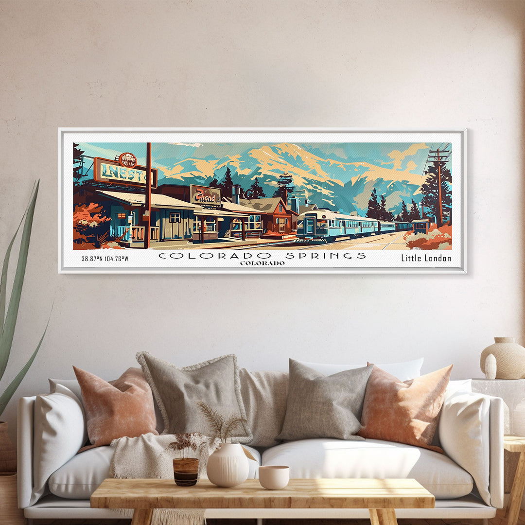Colorado Springs Colorado Panoramic Painting, Mid Century Modern Framed Canvas Print, Retro Pop Art Travel Poster, Wall Decor, Gift Idea, Home Decor