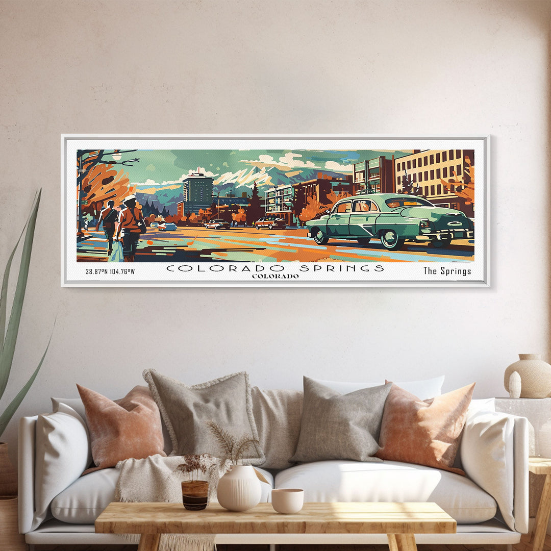 Colorado Springs Colorado Panoramic Wall Art, Retro Pop Art Framed Canvas Print, Mid Century Modern Travel Poster, Living Room Decor, Wall Hanging, Office Art
