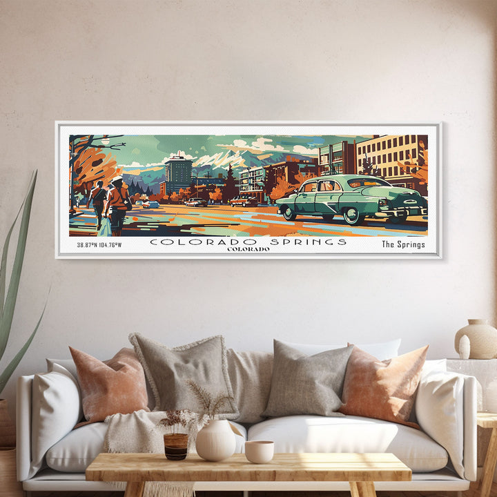 Colorado Springs Colorado Panoramic Wall Art, Retro Pop Art Framed Canvas Print, Mid Century Modern Travel Poster, Living Room Decor, Wall Hanging, Office Art