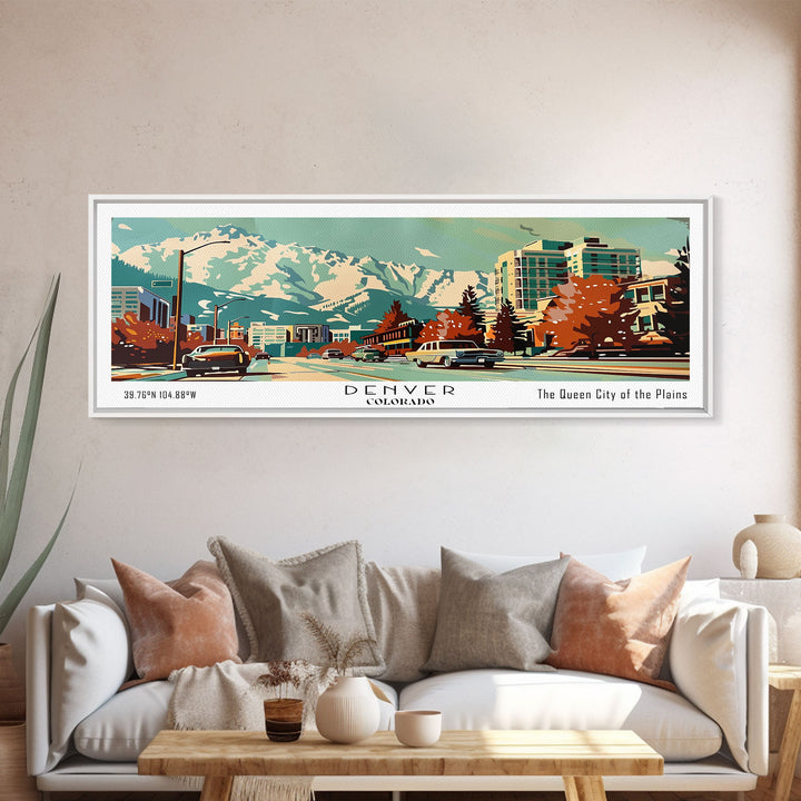 Denver Colorado Panoramic Painting, Mid Century Modern Framed Canvas Print, Retro Pop Art Travel Poster, Wall Art, Home Decor, Office Wall Art