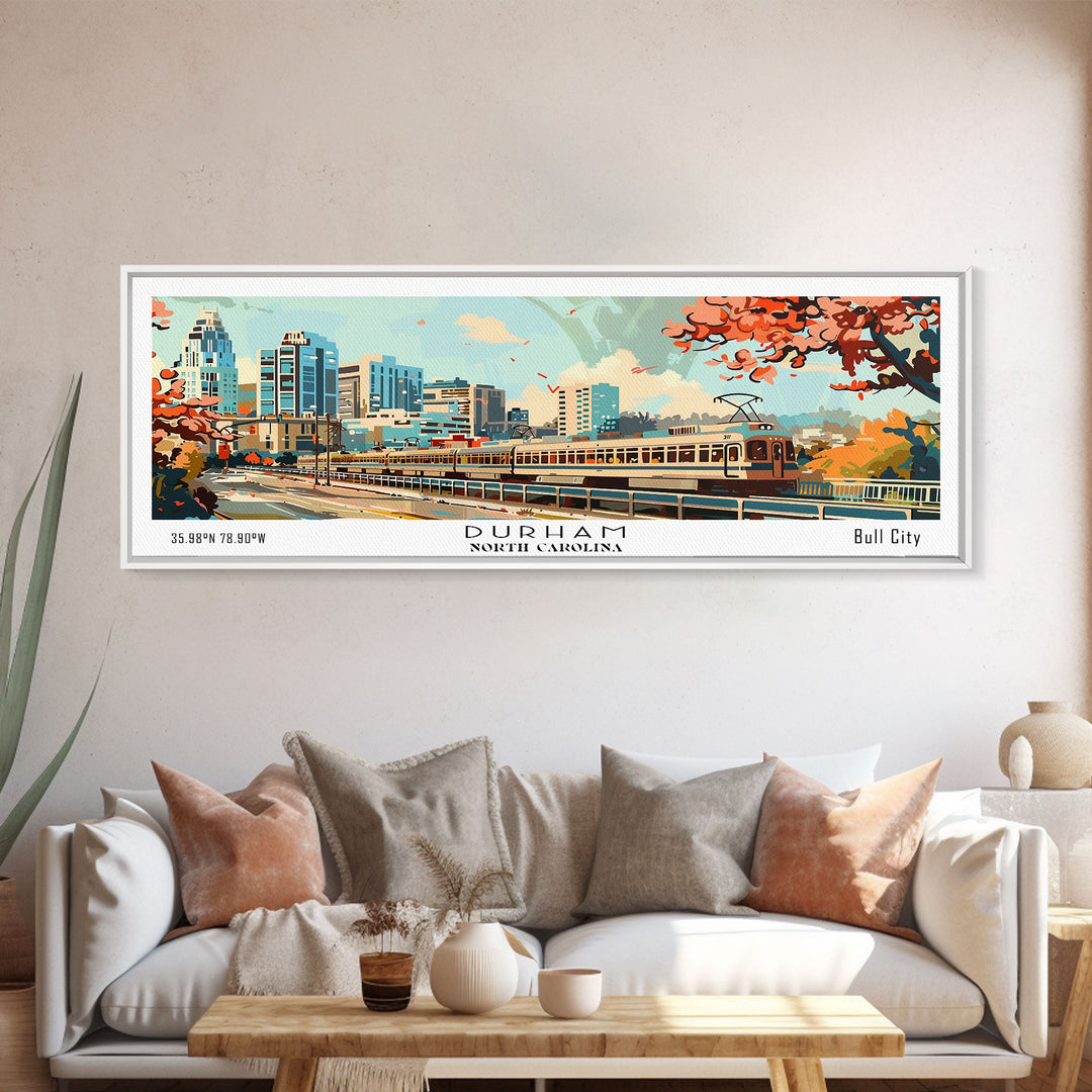 Durham North Carolina Panoramic Painting, Mid Century Modern Framed Canvas Print, Retro Pop Art Travel Poster, Wall Decor, Home Decor, Wall Hanging