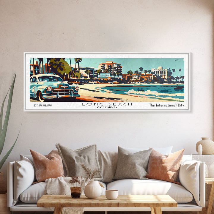Long Beach California Panoramic Painting, Mid Century Modern Framed Canvas Print, Retro Pop Art Travel Poster, Living Room Wall Art, Home Decor, Vintage Style