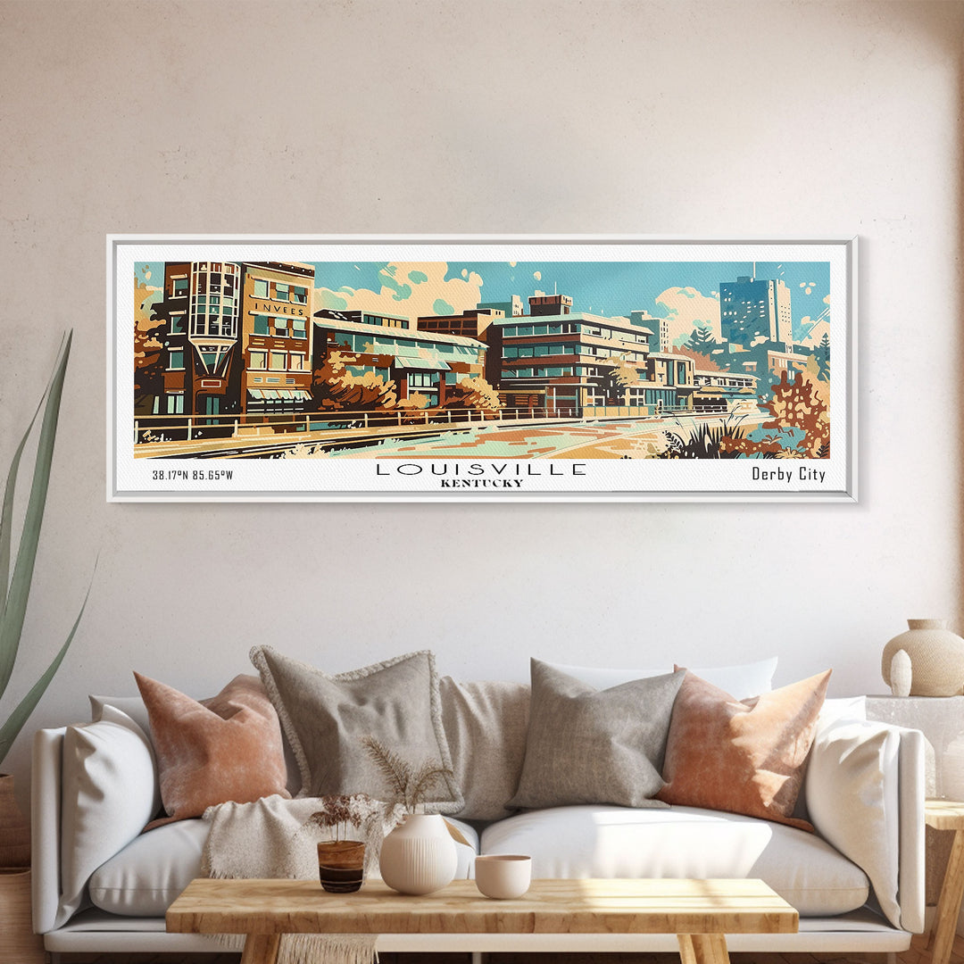 Louisville Kentucky Panoramic Painting, Mid Century Modern Framed Canvas Print, Retro Pop Art Travel Poster, Living Room Art, Home Decor, Office Decor, Vintage Style