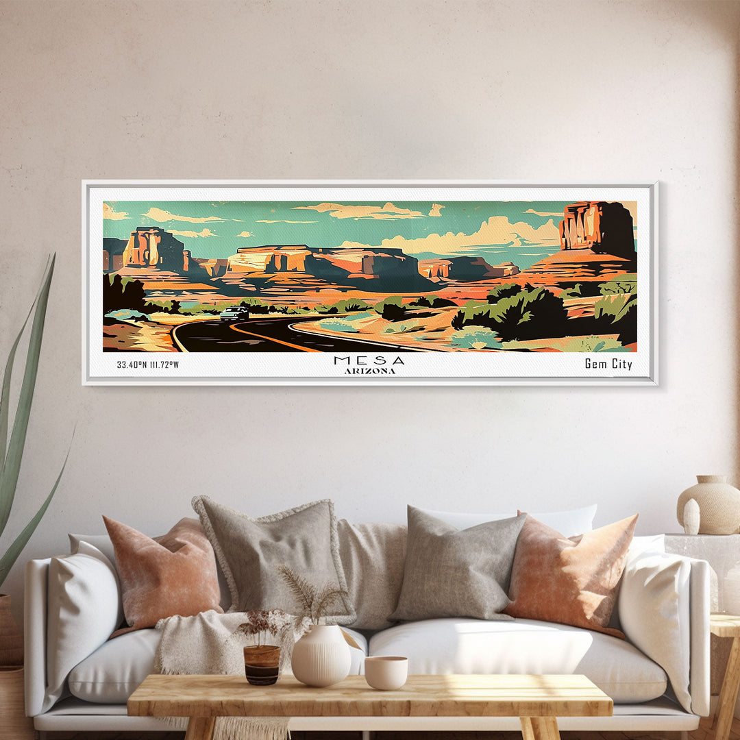 Mesa Arizona Panoramic Painting, Mid Century Modern Framed Canvas Print, Retro Pop Art Travel Poster, Living Room Art, Home Decor, Office Wall Art, Vintage Style