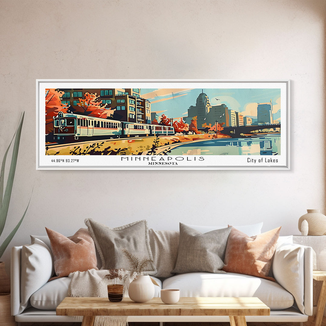 Minneapolis Minnesota Panoramic Painting, Mid Century Modern Framed Canvas Print, Retro Pop Art Travel Poster, Living Room Art, Home Decor, Office Wall Art, Vintage Style