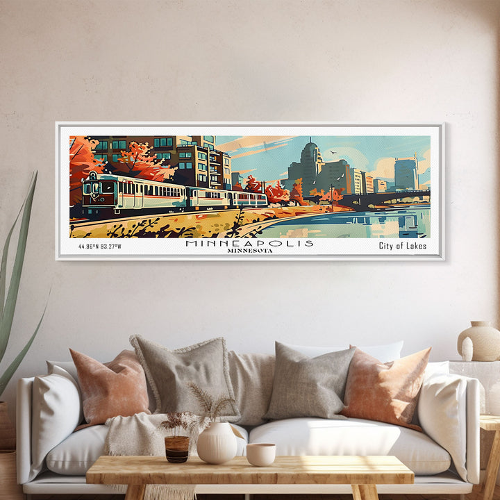 Minneapolis Minnesota Panoramic Painting, Mid Century Modern Framed Canvas Print, Retro Pop Art Travel Poster, Living Room Art, Home Decor, Office Wall Art, Vintage Style