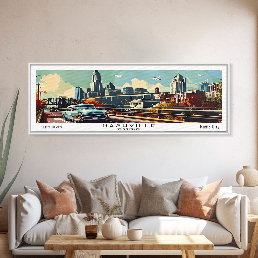 Nashville Tennessee Panoramic Painting, Mid Century Modern Framed Canvas Print, Retro Pop Art Travel Poster, Living Room Art, Home Decor, Office Wall Art, Vintage Style
