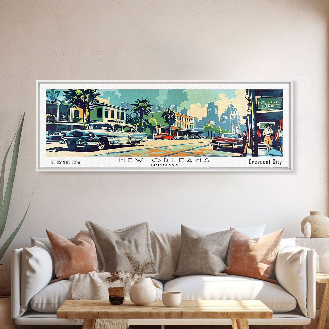 New Orleans Louisiana Panoramic Painting, Mid Century Modern Framed Canvas Print, Retro Pop Art Travel Poster, Living Room Art, Home Decor, Office Wall Art, Vintage Style