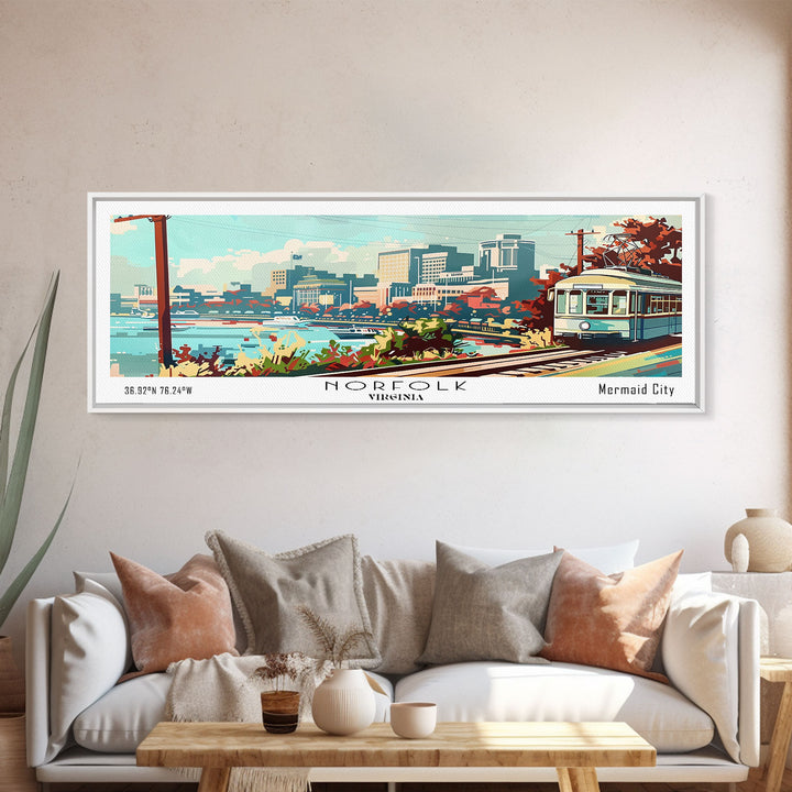 Norfolk Virginia Panoramic Painting, Mid Century Modern Framed Canvas Print, Retro Pop Art Travel Poster, Living Room Art, Home Decor, Office Wall Art, Vintage Style