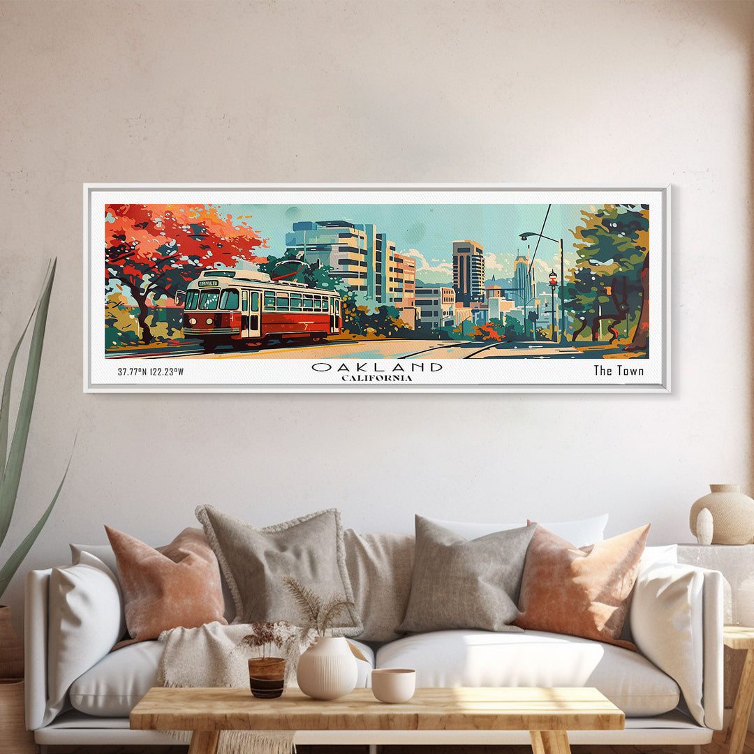 Oakland California Panoramic Painting, Mid Century Modern Framed Canvas Print, Retro Pop Art Travel Poster, Living Room Art, Home Decor, Office Wall Art, Vintage Style