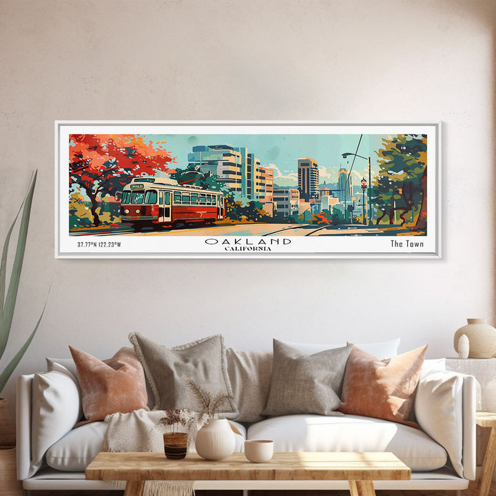 Oakland California Panoramic Painting, Mid Century Modern Framed Canvas Print, Retro Pop Art Travel Poster, Living Room Art, Home Decor, Office Wall Art, Vintage Style