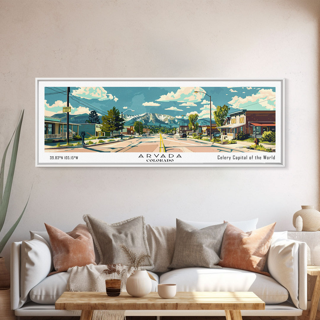Arvada Colorado Panoramic Painting, Mid Century Modern Framed Canvas Print, Retro Pop Art Travel Poster, Living Room Wall Art, City Print