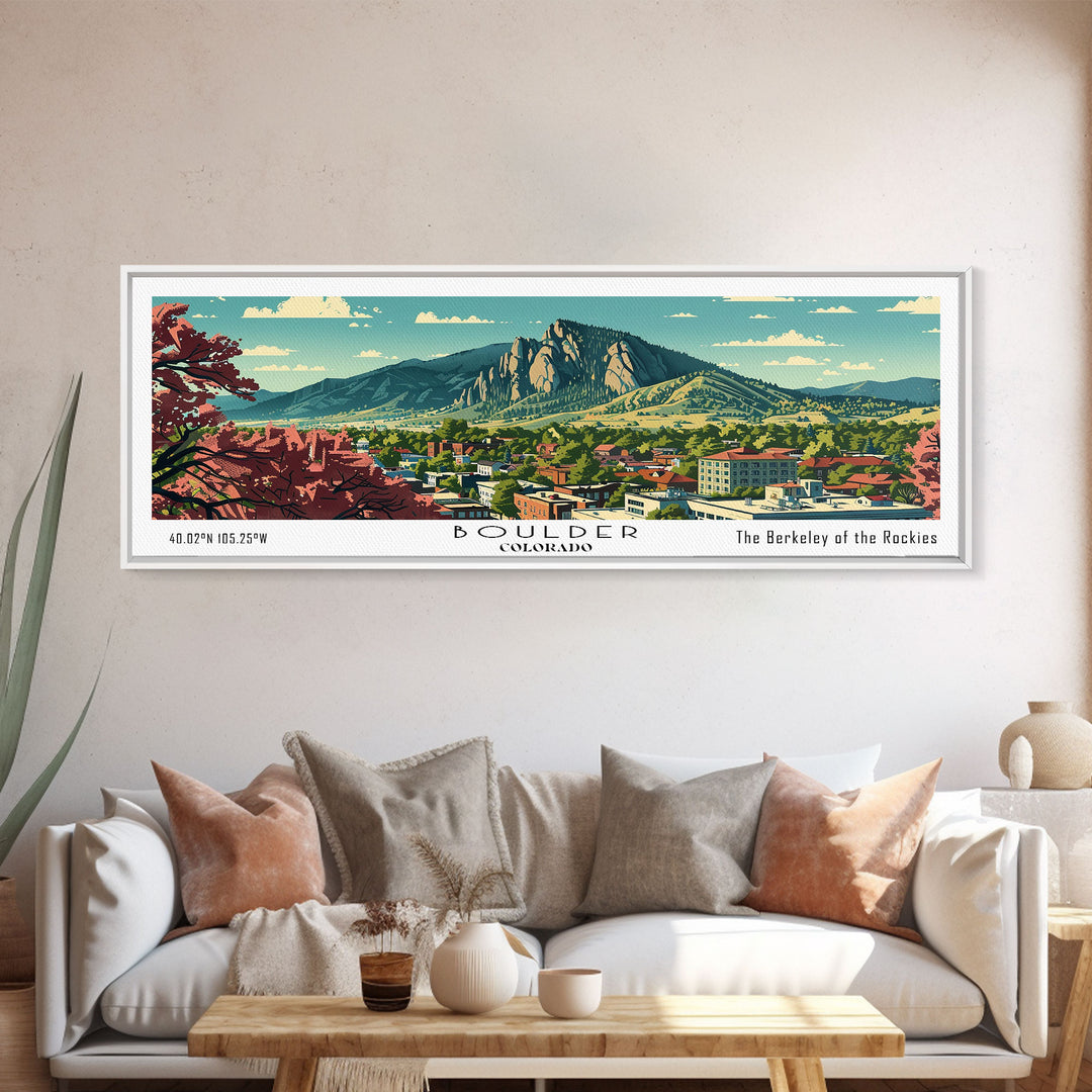 Boulder Colorado Panoramic Painting, Mid Century Modern Framed Canvas Print, Retro Pop Art Travel Poster, Living Room Wall Art Decor, City Print